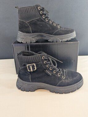 ACGUE boots Womens  BlackFaux Leather fur lined Ankle Hiking Vtg Style SIZE 7